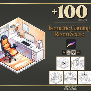 Könnte beinhalten: Isometrische Gaming-Raum-Szene-Illustration mit einem orange-schwarzen Gaming-Stuhl, Schreibtisch, Computer und Teppich. Das Bild enthält den Text "+100 STAMPS" und "Isometric Gaming Room Scene".