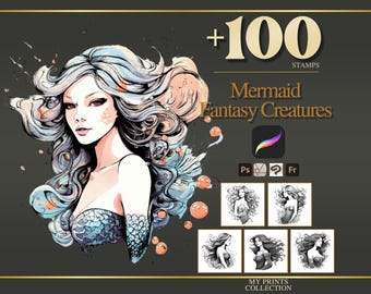 Stempels zeemeermin voortplanten en Photoshop-penselen – 100+ fantasiewezens tatoeage, illustratie, zeer fijne tekeningen, stencil, penseelpakket