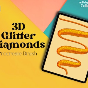Può includere: Un'illustrazione digitale di un pennello 3D con diamanti glitterati per Procreate. Il pennello è mostrato come una linea 3D dorata e scintillante che è curvata a forma di spirale. Il pennello è mostrato sullo schermo di un tablet.