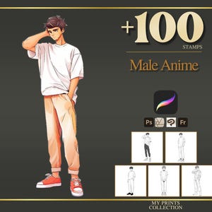 Sellos y pinceles de Photoshop para crear anime masculino en Procreate: más de 100 poses de manga, tatuajes, ilustraciones, arte lineal, plantillas y pinceles.