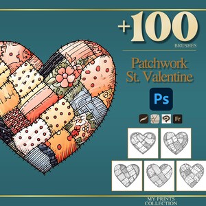 Könnte beinhalten: Digitalgrafik mit einem Patchwork-Herz-Design in Orange-, Gelb- und Rosatönen. Der Text lautet "+100 BRUSHES Patchwork St. Valentine" mit Symbolen für Photoshop. Darunter sind fünf Herzdesigns auf einem tealfarbenen Hintergrund.