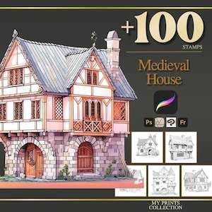 House Medieval Procreate Stamps & Photoshop Brushes – 100+ Place House Landscape Magical Whimsical Tattoo, Illustration, Stencil, Brush Pack