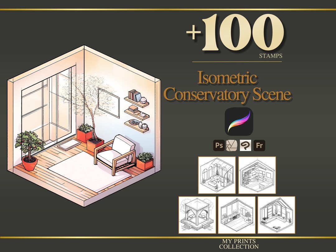 Isometric Conservatory Scene Procreate Stamps & Photoshop Brushes – 100 ...