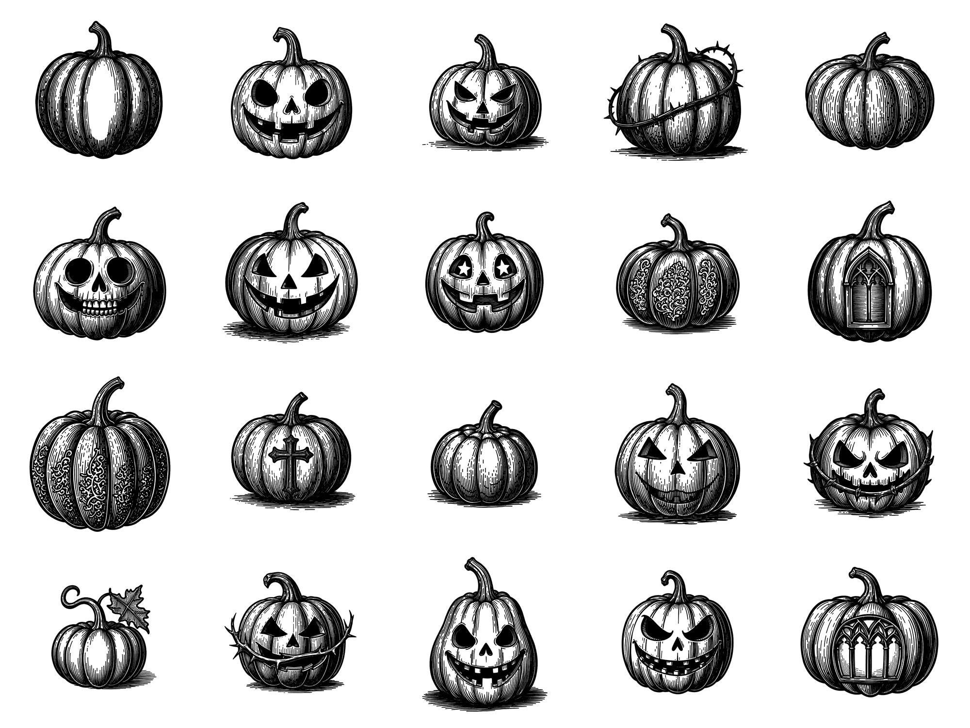 Pumpkins Woodcut Photoshop Brushes & Procreate Stamps – 100+ Halloween ...