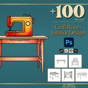 Może przedstawiać: Cyfrowa ilustracja maszyny do szycia na drewnianym stole z napisem +100 BRUSHES Craft Room Interior Design Ps. Poniżej znajduje się pięć małych ikon liniowych przedstawiających różne meble, w tym stół, maszynę do szycia i półki.