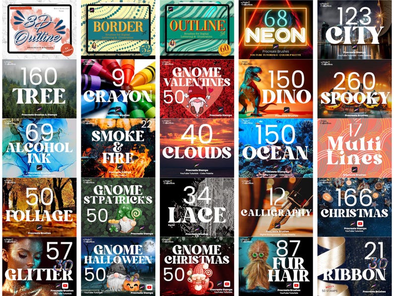 Peut inclure: Une collection de pinceaux et tampons d'art num&eacute;rique pour Procreate, avec des th&egrave;mes vari&eacute;s comme le n&eacute;on, les paysages urbains et la nature. Chaque ensemble est &eacute;tiquet&eacute; avec un titre et un num&eacute;ro, offrant une gamme d'outils cr&eacute;atifs.