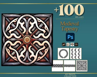 Tapestry Medieval Photoshop Brushes & Procreate Stamps – 100+ Woodcut Tattoo, Digital Art, Clipart, Line Art, Stencil