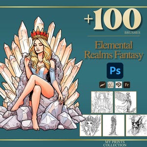 Elemental Realms Warrior Realistic Photoshop Brushes & Procreate Stamps – 100+ Fantasy Creatures, Digital Art, Clipart, Line Art, Stencil