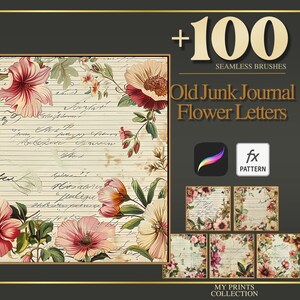 Old Junk Journal Flower Letter Procreate Texture Brush & Photoshop PAT Pattern - 100+ Seamless Texture Brushset, Digital Texture Design Tool