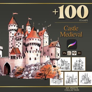 Medieval Castle Procreate Stamp & Photoshop Brushes – 100+ Place House Landscape Magical Whimsical Tattoo, Illustration, Stencil, Brush Pack