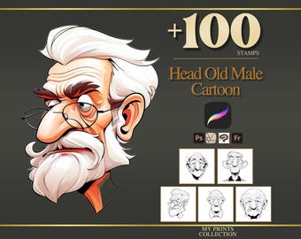 Sellos y pinceles para Photoshop de un anciano (cabeza) para Procreate: más de 100 poses de anime y manga para tatuajes, ilustraciones, arte lineal, plantillas y pinceles.