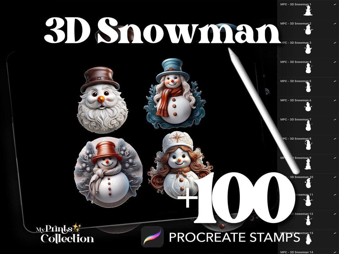 3D Snowman Dual Color Procreate Stamp Brushes - 100+ Stamps Brushset ...