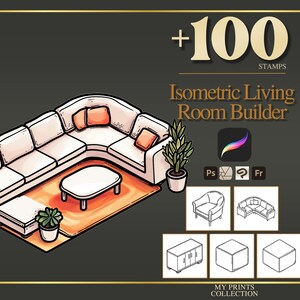 Op de afbeelding: Isometric Living Room Builder-afbeelding met een witte hoekbank, een oranje tapijt en een salontafel. Inclusief een plant, plus 100 stempels. De tekst luidt "Isometric Living Room Builder".