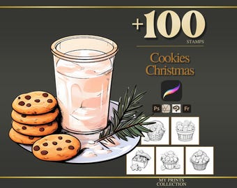 Sellos y pinceles de Photoshop de galletas navideñas para Procreate: más de 100 diseños para tatuajes, dibujos, arte digital, imágenes prediseñadas, arte lineal y pinceles.