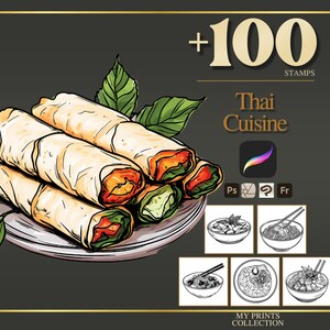 Thailändische Küche Procreate Stempel & Photoshop Pinsel - 100+ Essen Getränke Kaffee Tattoo, Illustration, Line Art, Schablone, Pinselpaket
