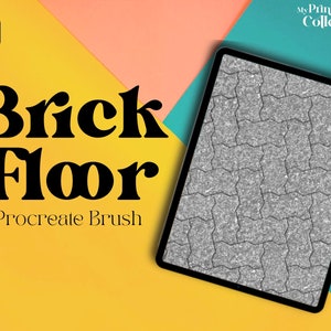 Pode incluir: Uma ilustração digital de um pincel Procreate que cria um padrão de piso de tijolo. O pincel é mostrado na tela de um tablet com um padrão de piso de tijolo cinza.