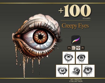 Sellos y pinceles de Photoshop de Halloween con ojos espeluznantes: más de 100 diseños para tatuajes, dibujos, arte digital, imágenes prediseñadas, arte lineal y pinceles.