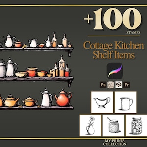 Cottage Kitchen Shelf Items Procreate Stamps, 100+ Shelf Jam Jar Brush Set, Hand Drawn Cozy Cottage Digital Download iPad Art