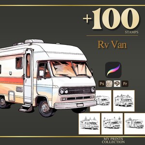 RV Van Procreate Stamps & Photoshop Brushes – 100+ Object Transport Tattoo, Illustration, Line Art, Stencil, Brush Pack