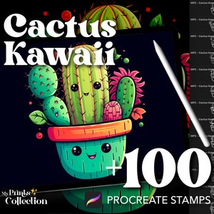 Plus de 100 tampons Procreate Cactus Kawaii, Pot de succulentes plantes Chibi mignon, téléchargement numérique, Fourniture d'art numérique, Procreate pinceau