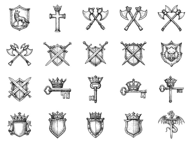 Coat of Arms Medieval PNG Bundle – 100+ Woodcut Cricut & Silhouette ...