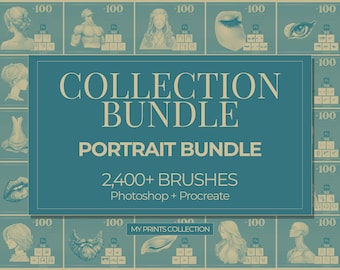 May include: A teal and beige graphic advertising a "COLLECTION BUNDLE" and "PORTRAIT BUNDLE" with 2,400+ brushes for Photoshop and Procreate. The image includes illustrations of portraits and the text "MY PRINTS COLLECTION".