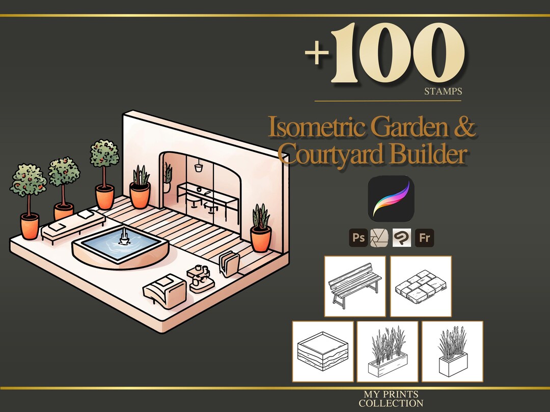 Isometric Garden and Courtyard Builder Procreate Stamps & Photoshop ...