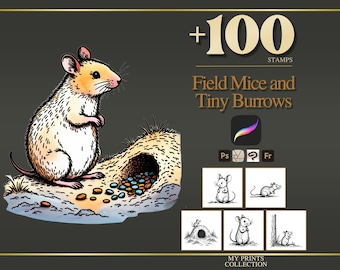 Field Mice and Tiny Burrows Procreate Stamps, 100+ Field Mice & Burrow Brush Set, Cottagecore Woodland Animal Digital Download