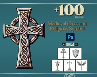 Cross and Religious Symbol Medieval Photoshop Brushes & Procreate Stamps – 100+ Woodcut Tattoo, Digital Art, Clipart, Line Art, Stencil