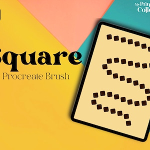 May include: A digital illustration of a square brush stroke on a tablet screen. The brush stroke is a dark brown color and is shaped like a winding path. The tablet screen is surrounded by a light yellow background. The text "Square Procreate Brush" is displayed on the screen.