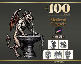 Gargoyle Medieval Procreate Stamps & Photoshop Brushes – 100+ Woodcut Tattoo, Digital Art, Clipart, Line Art, Brush Pack