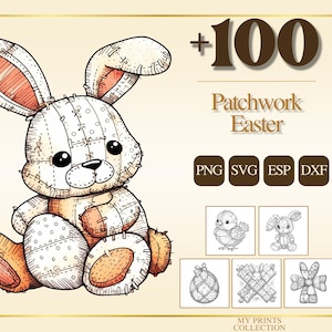 Könnte beinhalten: Illustration eines Patchwork-Osterhasen in Creme- und Orangetönen. Das Bild enthält den Text "+100 Patchwork Easter" und Symbole für die Dateiformate PNG, SVG, ESP und DXF sowie weitere Illustrationen zum Thema Ostern.