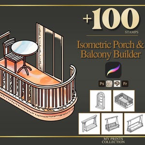 May include: Isometric porch and balcony builder graphic with a small table and chair on a balcony. The image includes the text "+100 STAMPS" and "Isometric Porch & Balcony Builder". Additional icons and illustrations are also present.