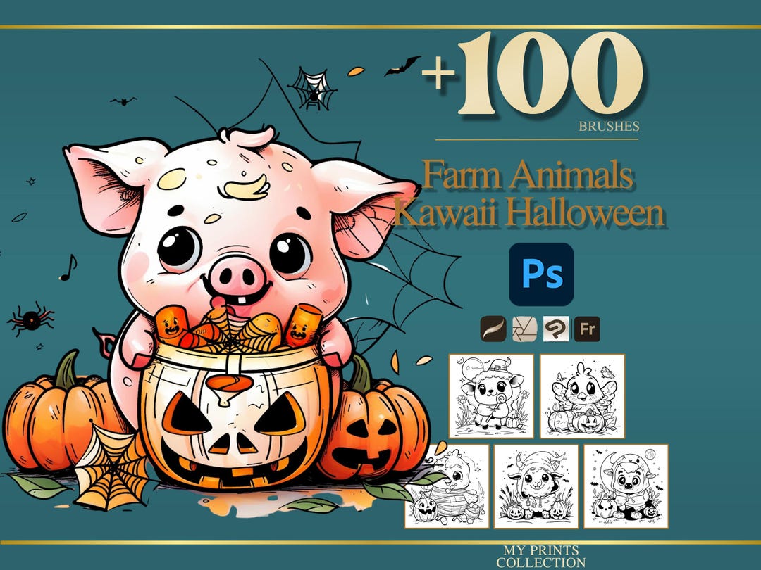 Farm Animals Kawaii Halloween Photoshop Brushes & Procreate Stamps ...