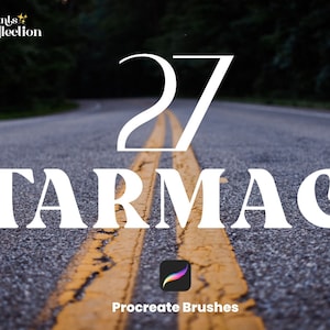 Può includere: Un'illustrazione digitale di una strada con linee gialle al centro. Il testo "27 TARMAC" è in bianco sulla strada. Il testo "Procreate Brushes" è sotto la strada. Un'icona dell'app Procreate è nell'angolo in basso a destra.
