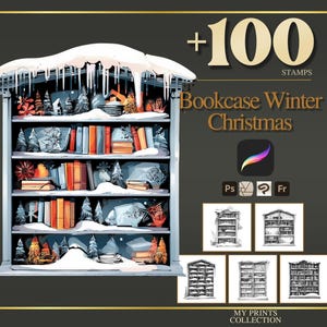 Winter Bookcase Christmas Procreate Stamps & Photoshop Brushes – 100+ Tattoo, Drawing, Digital Art, Clipart, Line Art, Brush Pack