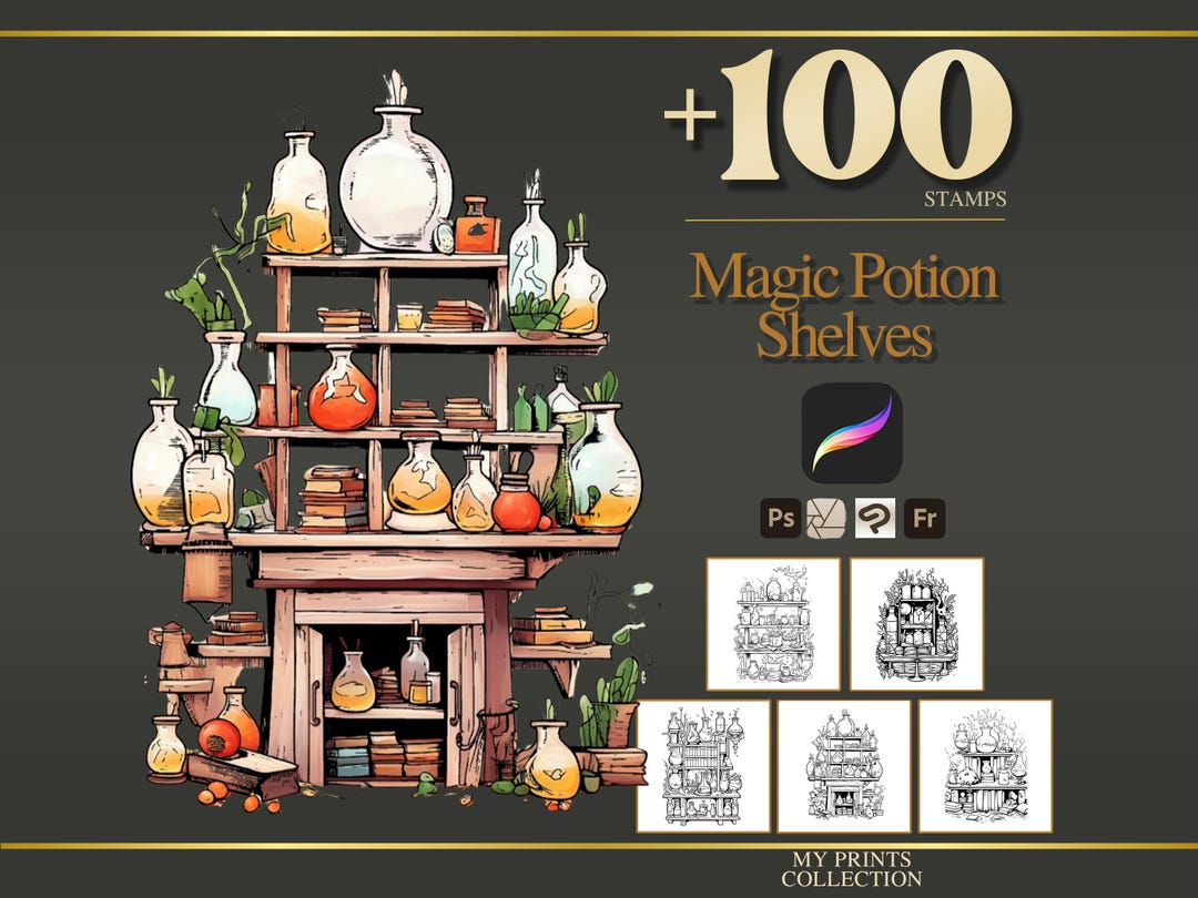 Magic Potion Shelves Procreate Stamps & Photoshop Brushes – 100 ...