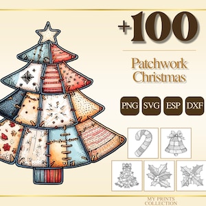 Könnte beinhalten: Eine bunte Patchwork-Weihnachtsbaum-Illustration mit Stern. Der Text "+100 Patchwork Christmas" und Dateiformat-Symbole sind enthalten. Zusätzliche weihnachtliche Illustrationen sind ebenfalls vorhanden.