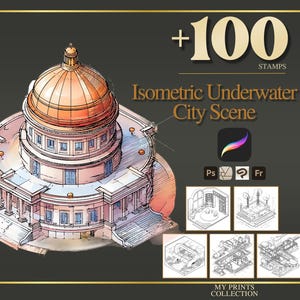 Puede incluir: Ilustración arquitectónica de una escena de ciudad submarina isométrica. La imagen presenta un gran edificio con una cúpula de color cobre, rodeado de otros dibujos arquitectónicos. El texto incluye "+100 STAMPS" e "Isometric Underwater City Scene."