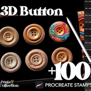 May include: A set of 100 Procreate stamps featuring 3D button designs. The stamps include a variety of styles, including plain, textured, and ornate buttons. The stamps are perfect for adding a touch of realism to your digital art.