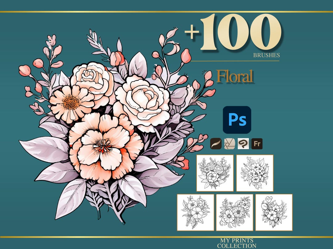 Floral Photoshop Brushes & Procreate Stamps – 100+ Botanical Flower ...