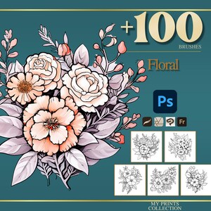 May include: Digital floral brushes for Photoshop. The image features a bouquet of flowers in shades of peach, pink, and white, with the text "+100 BRUSHES Floral Ps". The background is teal with gold accents and additional floral illustrations.