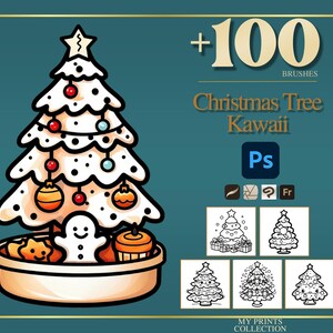 May include: A digital art graphic featuring a cartoon Christmas tree with ornaments, a star, and a gingerbread man. The text reads "Christmas Tree Kawaii" and "+100 Brushes". The image is on a teal background.