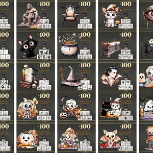 Peut inclure: Une collection d'illustrations sur le th&egrave;me d'Halloween, mettant en sc&egrave;ne divers personnages et objets effrayants. Chaque image comprend un personnage ou un objet, un nombre et un ensemble d'ic&ocirc;nes. Les illustrations sont de style cartoon.