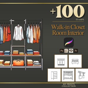 Könnte beinhalten: Eine digitale Illustration eines begehbaren Kleiderschranks mit hängender Kleidung und gefalteten Kleidungsstücken auf Regalen. Der Text lautet +100 STAMPS, Walk-in Closet Room Interior, Ps und My Prints Collection. Enthält Symbole für Möbel.