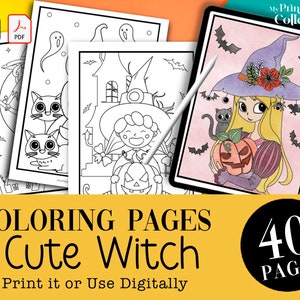 40 uroczych, przerażających czarownic Halloween kolorowanki arkusze strony książka, PDF natychmiastowy wydruk cyfrowy pobieranie, dla dzieci maluchów, kredka Procreate kolorowanka