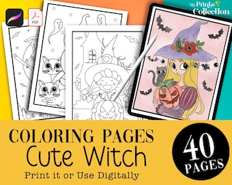 40 Cute Creepy Witch Halloween Coloring Pages Printable PDF + Procreate Digital Coloring File, Kids & Adults Coloring Book, Bonus Crayon