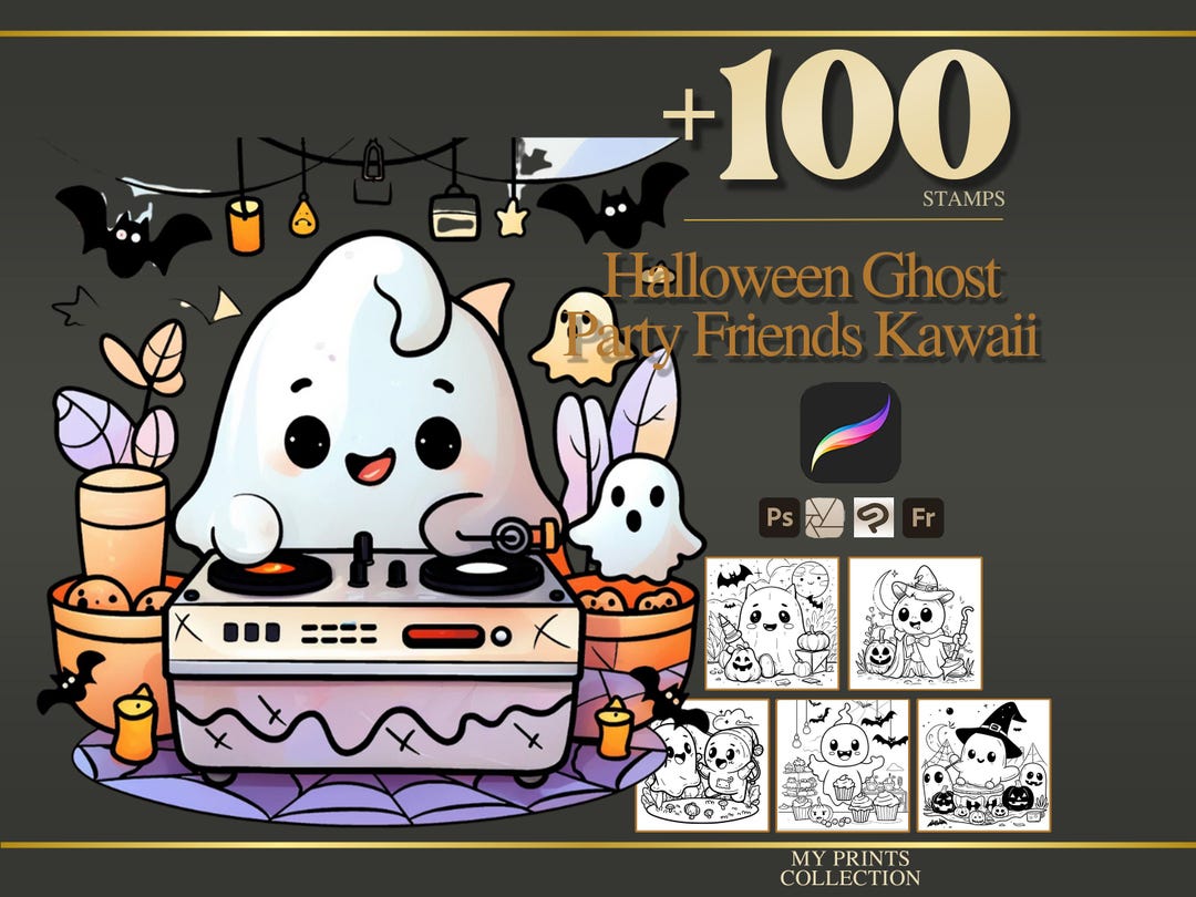 Ghost Party Friends Kawaii Halloween Procreate Stamps & Photoshop ...