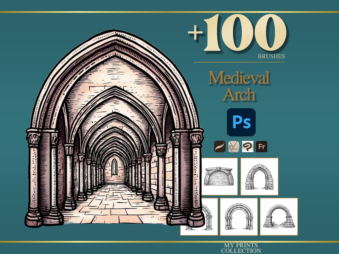 Arch Medieval Photoshop Brushes & Procreate Stamps – 100+ Woodcut ...