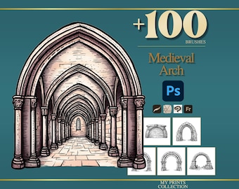 Arch Medieval Photoshop Brushes & Procreate Stamps – 100+ Woodcut Tattoo, Digital Art, Clipart, Line Art, Stencil